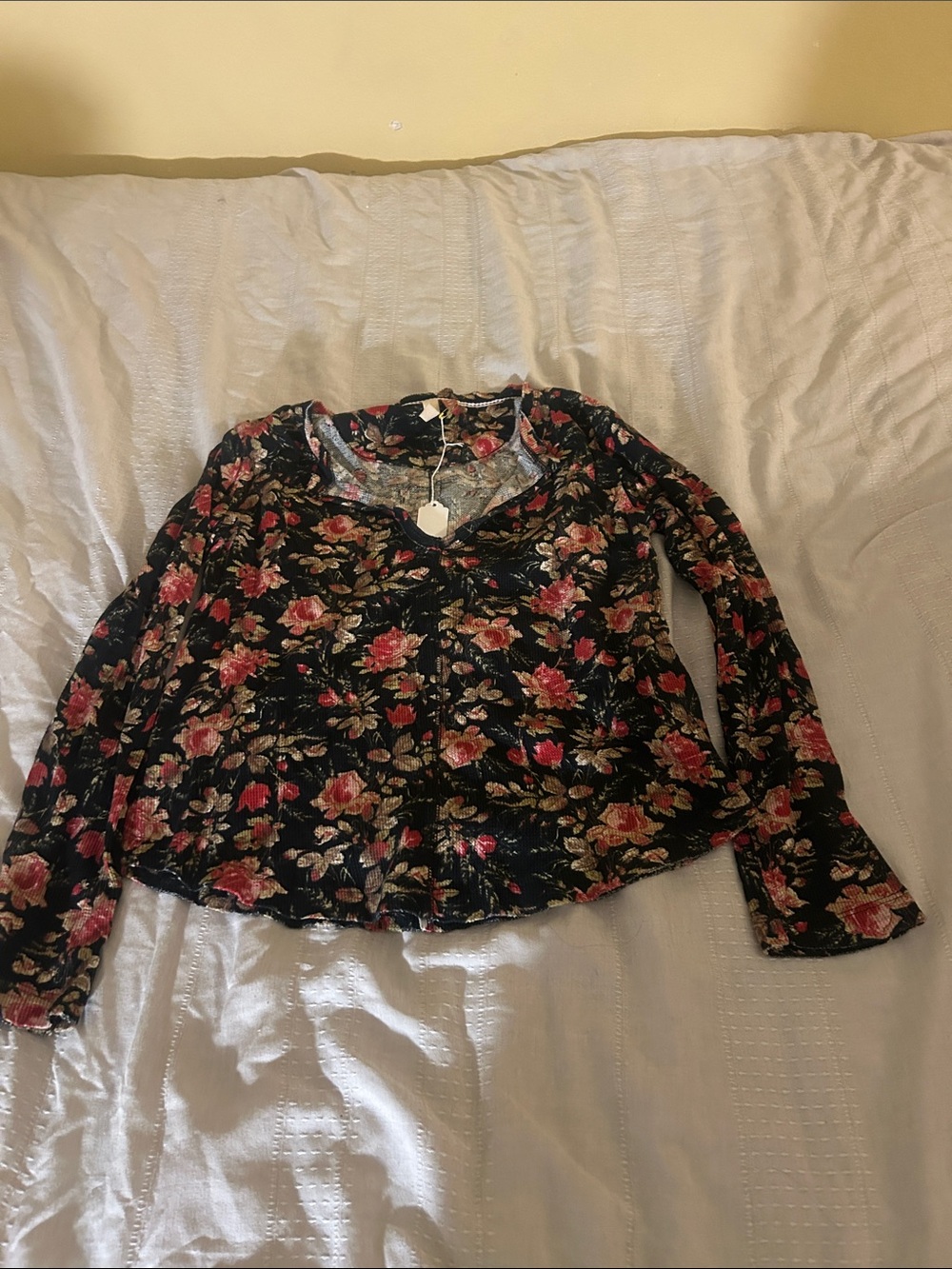 Anthropologie Pilcro Black Long-Sleeve V-Neck Top with Pink Floral Print